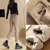 Spring Winter Plus Velvet Women Jeans Button High Waist Solid Pants Pockets Thicken Casual Straight Trousers