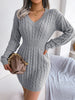 V Neck Casual Short Knit Dress Autumn Winter Women Solid Long Sleeve Dress Lady Khaki Bodycon Knitted Dresses