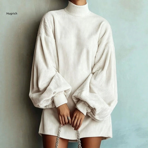 High Neck Corduroy Short Dress For Women Oversized Lantern Balloon Long Sleeve Loose Hem Casual Daily Mini Dresses