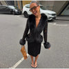 Street Faux Fur Lace Spliced Women's Jacket Black Slim Waist Lapel Long Sleeve Sexy Jackets Y2K Autumn Lady Coats