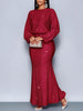 Shiny Women's Dress Spring Autumn O-neck Long Sleeve Slim Hips Banquet Long Dress Female Pleated Party Fishtail Dresses
