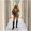 Women Khaki Cargo Two‑Piece Outfit Stand Collar Gold Button Slim Jacket High Waist Shorts Autumn Vintage Street Matching Set