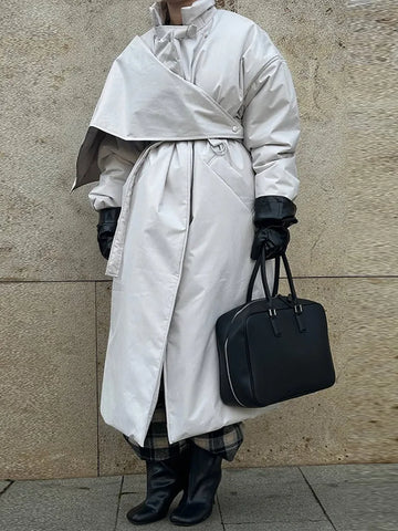 Women Detachable Triangle Shawl Long Puffer Coat Waist Tie Belted Stand Collar Oversize Casual Warm Winter Cotton Outerwear