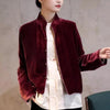 Retro Chinese Style Navy Blue Velvet Jacket, Women's French Chic Shirt Collar Blazer Elegant Business Tops J014