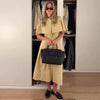 Lapel Cape Sleeve Lace Up Long Sleeve Women Elegant Epaulet Oversized Waist Cinching Pleated Shirt Dresses Chic Ladies Partywear