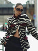 Zebra Striped Faux Fur Jacket Women Stand Collar Burgundy Velvet Patch Pocket Single Breasted Coat Autumn Street Jackets