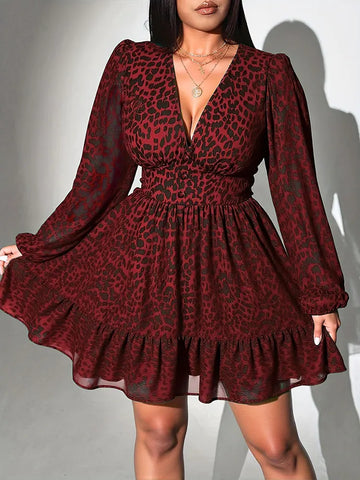 Sexy V-Neck Leopard Print Long-Sleeve Dress Plus Size Women Clothing American Slim A-Line Skirt Elegant Party Evening Dress