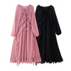 Casual Solid Ruffles Patchwork Robe Women Minimalist Full Sleeve Mesh Loose Fit Lace Up Maxi Dress Vacation Daily Date Wear
