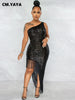 Women Tassel Side Sequins One Shoulder Skew Neck Bodycon Midi Maix Irregular High Low Long Dress Sexy Night Party