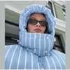 Winter Women Striped Hooded Cotton Jacket Long Sleeve Stand Zipper Buttons Thickening Padded Jackets Casual Office Lady Coat