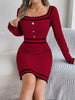 Autumn Winter Casual Elegant Square Collar Button Decoration Knitted Dress Long Sleeve Bodycon Dress for Women
