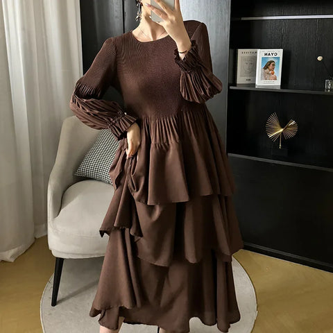 Spring Ruffled Lantern Sleeve Pleated Dress Atmospheric Design Sense Pleated Long Dresses Women's Clothing