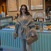 Solid Lace Up Faux Fur Sleeve Jacket Woman Elegant Mid-length V-neck Woolen Blend Coat Autumn Casual Scarf Outwear