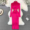 Turtleneck Sexy Wrap Hips Knitted Dresses Women Autumn Winter Long Sleeve Bodycon Sweater Dress with Belt