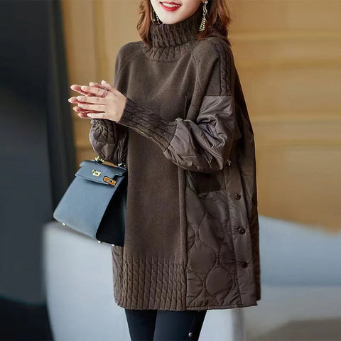 Women's Winter Parka Coat Versatile Lady Splicing Knitted Outerwear Temperament Casual Ladies Sweater Jacket