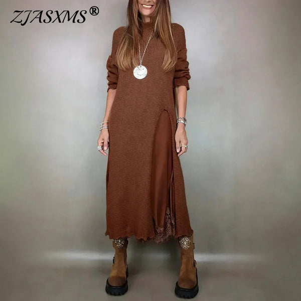 Autumn Winter 2 Piece Set Women Casual Solid Split Knitted Sweater Long Dress Suit Sexy V Neck Patchwork Lace Casual Outfits