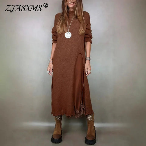 Autumn Winter 2 Piece Set Women Casual Solid Split Knitted Sweater Long Dress Suit Sexy V Neck Patchwork Lace Casual Outfits