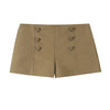 Women Khaki Cargo Two‑Piece Outfit Stand Collar Gold Button Slim Jacket High Waist Shorts Autumn Vintage Street Matching Set