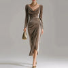 Autumn Winter Velvet Long Sleeved A-line Dress Elegant Temperament High Waisted Banquet Dress Women's Square Neck Draped Dress