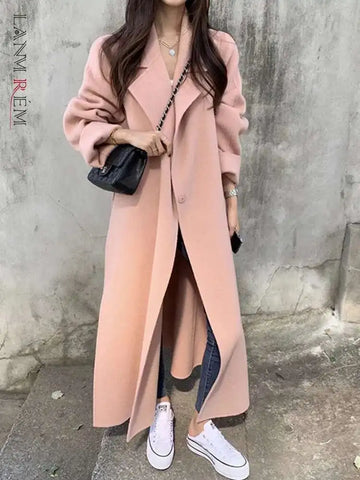 Pink Double Sided Cashmere Coat Women's Mid Length Autumn Winter High End Split Belt Coats Streetwear 2DA7712