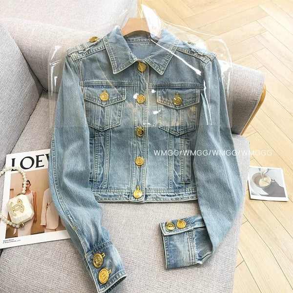 Sense Heavy Industry Denim Coat Female Korean Wash Short Style Temperament Tops Metal Buckle Denim Jacket Women