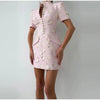 Elegant Women's Printed Buttons Short Dress Waist Cinched Shoulder Pads High Collar Dresses Autumn Lady Holiday Party Robes