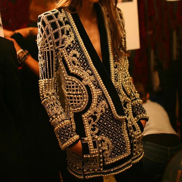Beaded V-neck Blazers for Women Streetwear Suit Jacket Coat Outerwear Female Clothing