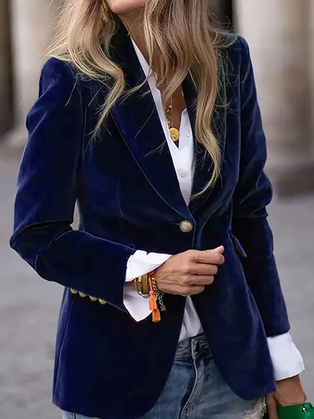 Elegant Velour Blazers Women Retro Single Button Suit Collar Jacket Blazer Coat Autumn Long Sleeve Simple Outerwear