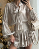 Autumn Women's Skirt Two Piece Set Bow High Waisted Chiffon Drawstring Dress Suit Ladies Sexy See Through Dress