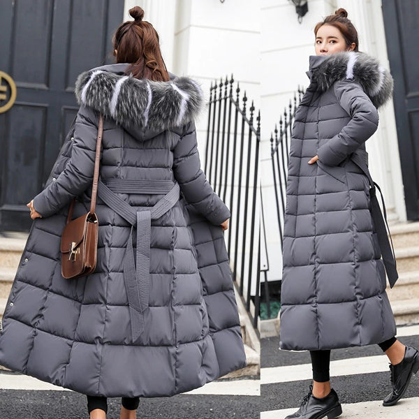 Female Winter Over Knee Loose Large Fur Collar Hooded Warm Thick Parkas Long Down Cotton Plus Size Parkas Coat Women Padded Coat