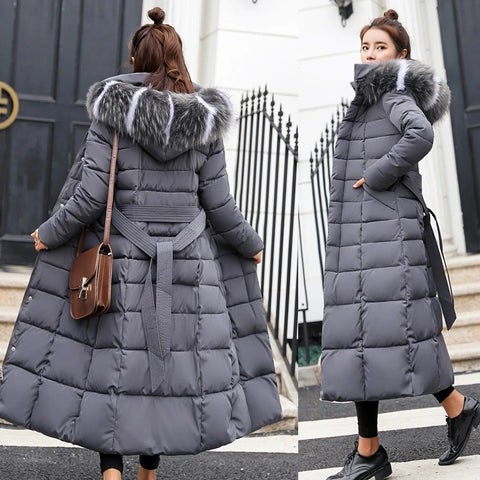 Female Winter Over Knee Loose Large Fur Collar Hooded Warm Thick Parkas Long Down Cotton Plus Size Parkas Coat Women Padded Coat