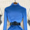 Elegant Turtleneck Long Sleeve Knit Soft Tight Pencil Dress with Belt Slim Warm Sweater Vestido Sexy Women Winter Robe