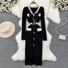 Women Elegant Butterfly Long Sleeve Bodycon V Neck Split Dress Vintage French Slim Knit Tight Vestido Autumn Winter Sweater Robe
