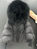 Lagabogy Winter Large Real Fur Hooded Puffer Jacket Women White Duck Down Mid Long Parka Thick Warm Knitted Sleeve Coat