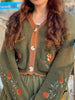 Women Fox Embroidery Cropped Knit Cardigan V Neck Contrast Scallop Trim Pocket Long Sleeve Coat Vintage Cottagecore Sweater