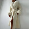 Retro Solid Fur Patchwork Woolen Coats Women Chic Full Sleeve V-neck Lace Up Loose Overcoat Lady Winter Commute Outwear