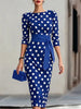 Elegant Women Office Party Midi Dress Polka Dot 3/4 Sleeve Pencil Dresses Spring Round Neck With Belt Slim Dress Robe