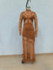 Elegant Solid Sheer Lace Slim Fit Maxi Dress Chic Mock Neck Long Sleeve Gown Women Formal Evening Party Holiday Wear