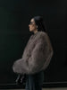 Chic Grey Fluffy Faux Fur Jacket Women Elegant O Neck Long Sleeves Cropped Coats Autumn Winter Lady High Street Outwears