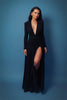 Women Glitter Maxi Evening Dress Deep V Neck Long Sleeve Ruched High Slit Formal Party Dress For Wedding Guest Prom