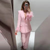Woman Pink Feather Pant Sets Women's Two Pieces Set Long Sleeve Suit Outfit Office Wear Woman High Waist Trousers Sets