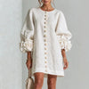 High‑quality Women Loose Short Tunic Dress 3D Stereo Big Flower Cuff Lantern Long Sleeve Button Front Dress Casual Daily Wear