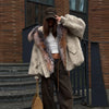 Vintage Thicken Faux Fur Woolen Jacket Women Hooded Pocket Lantern Sleeve Elastic Waist Coat Winter Female Daily Outwear