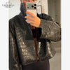 Beige Croc Leather Cropped Jacket Y2k Stand Collar Long Sleeve Wide Cuff Oversize Coat Autumn Street Daily Casual Outerwear