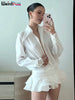 Tierred Dress Woman Autumn See-Through Solid Turn-Down Collar Shirt Ruffles Chic Long-Sleeve Chiffon Bodycon