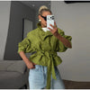 Autumn Women's Green Suede Short Jacket Loose Lapel Zipper Long Sleeve Bomber Coat Female Lady High Street Outwears