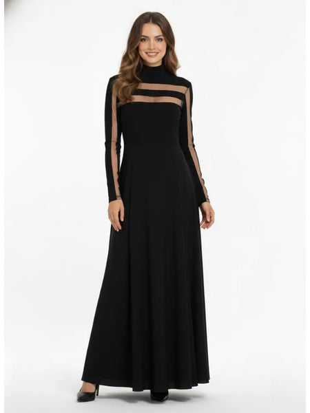 Women's Black High Neck Long Sleeve High Waist Flared Maxi Gown See-through Evening Dresses Party Dress