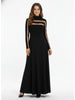 Women's Black High Neck Long Sleeve High Waist Flared Maxi Gown See-through Evening Dresses Party Dress
