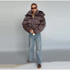 Women's Cropped Puffy Jacket Detachable Hood Drawstring Waist Drop Shoulder Long Sleeve Loose Padded Winter Down Jackets