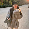 Elegant Lace Up Woolen Coat Women Furry Lapel Fur Patchwork Belt Loose Short Jacket Female Lady Autumn Winter Cardigans